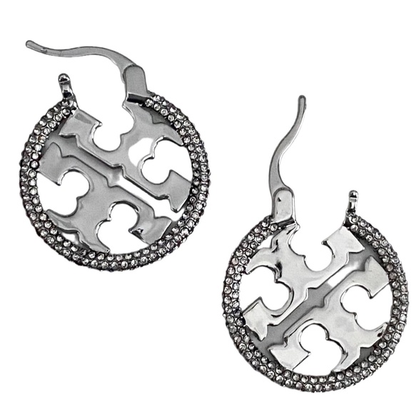 NEW Tory Burch SILVER PAVE Miller Hoop Earrings $305 - Picture 5 of 7